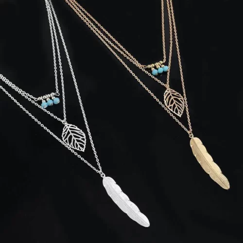 silver and gold edition of the New Boho Turquoise Leaf Feather Layered Necklace