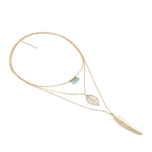 photo of the golden New Boho Turquoise Leaf Feather Layered Necklace on a white background