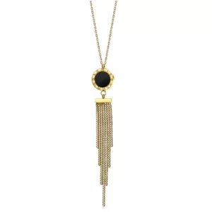 close up photo of the gold Long Tassel Pendant Necklace with the black enamel