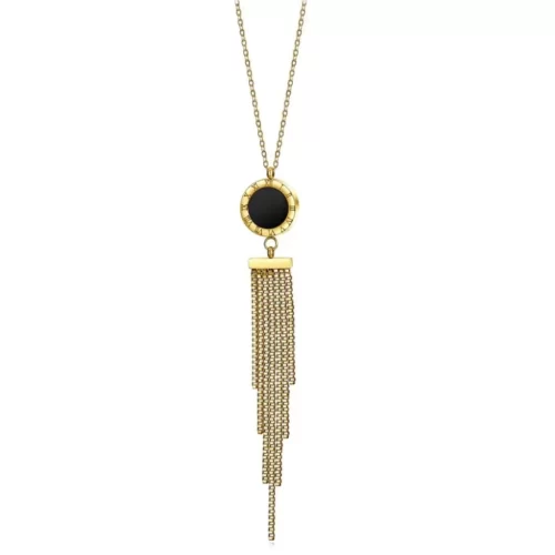 close up photo of the gold Long Tassel Pendant Necklace with the black enamel