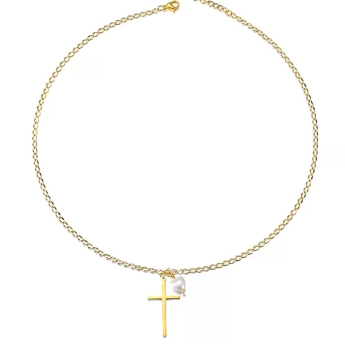 Golden Cross With Pearl Pendant Necklace