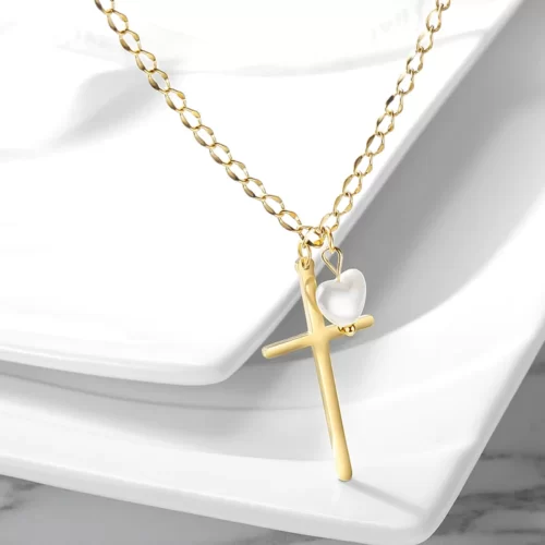 close up photo of the Golden Cross With Pearl Pendant Necklace