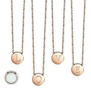 Round Opal Initial Pendant Necklace Rose Gold