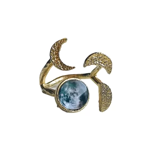 New Hand-Hammered Moon Phases Ring close up photo of the gold tone