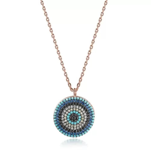 Sterling Silver Round Evil Eye Necklace in rose gold plating