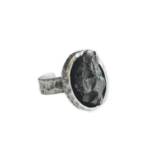 Stunning Oval Pure Meteorite Ring in Silver close up photo on a white background