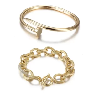 Gold Screw Nail Bangle And Wire Link Bracelet Set