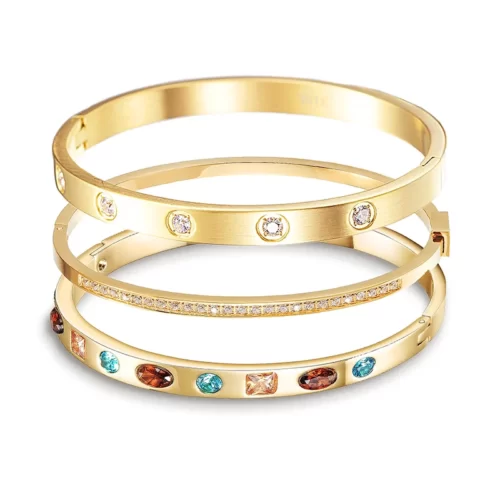 Riveting Golden Bangle Set With Cubic Zirconia