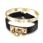 close up photo of the Gold Plated Leather Bangle Set With CZ black leather