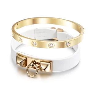 Gold Plated Leather Bangle Set With CZ