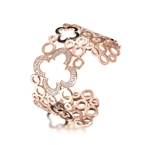 the rose gold edition of the Seductive Hollow Clover Wide Cuff Bracelet