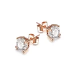 close up photo of the Basket-Set Round CZ Stud Earrings in rose gold tone