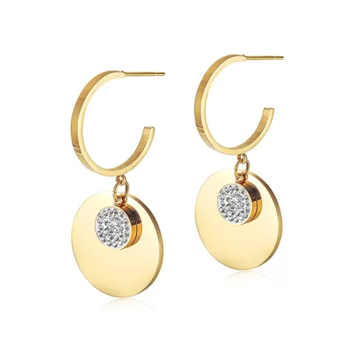 close up photo of the Double Round Dangle CZ Golden Earrings