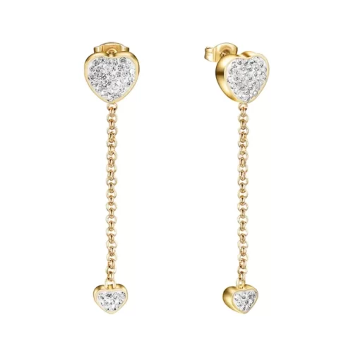 close up photo of the Heart Dangle Drop Earrings With Zirconia in gold plating