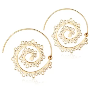 close up photo of the Unique Vintage Circle Round Spiral Earrings. These geometric spiral earrings are 14k gold plated stainless steel.