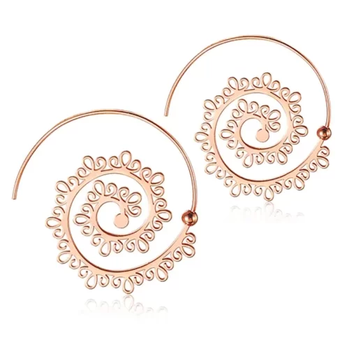 close up photo of the Unique Vintage Circle Round Spiral Earrings in rose gold plating